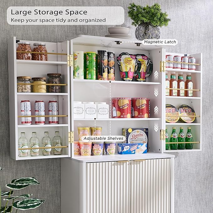 OKD Fluted Kitchen Pantry, 72" Tall Mid Century Modern Storage Cabinet with Adjustable Shelves & Door Organizer, Wood Cabinet for Kitchen, Living Room, Solid White-Ruum Studio Home
