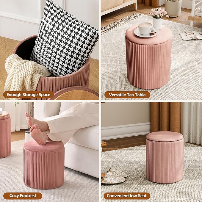 Ottoman with Storage Set of 2, Velvet Storage Ottoman, Upholstered Sponge Vanity Stool Support 300lbs, Multifunctional Coffee Table Foot Rest Ottomans for Living Room Bedroom, Pink-Ruum Studio Home