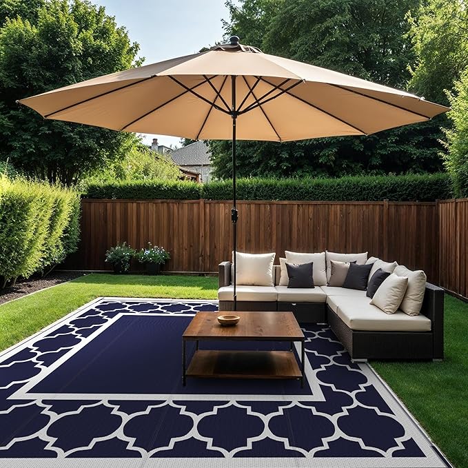 GENIMO 10 ' x 10 ' Outdoor Rug Waterproof for Patio Decor, Foldable Reversible Plastic Straw Area Rugs Mat for Camper, Outside Carpet for Rv, Deck, Porch, Picnic, Beach, Balcony, Blue & White-Ruum Studio Home