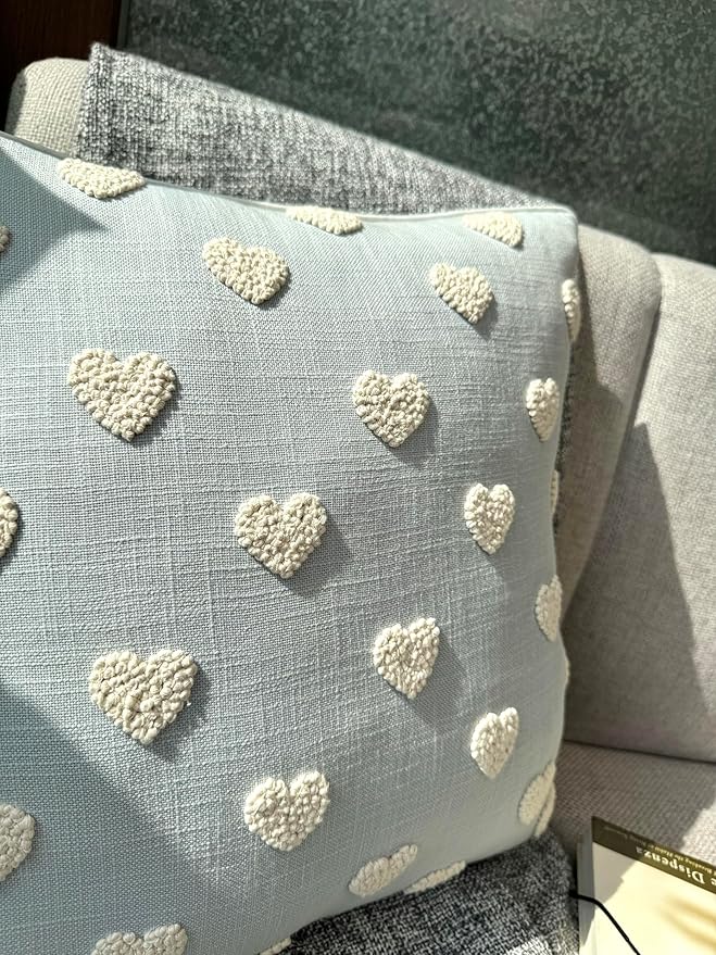 VAGMINE Hand Embroidered French Knotted Hearts Pillow Cover - 18x18 Inches Square - 100% Cotton Robins Egg Decorative Cushion Cover - Romantic Gift for Couples - Valentine’s Bedroom Decor-Ruum Studio Home