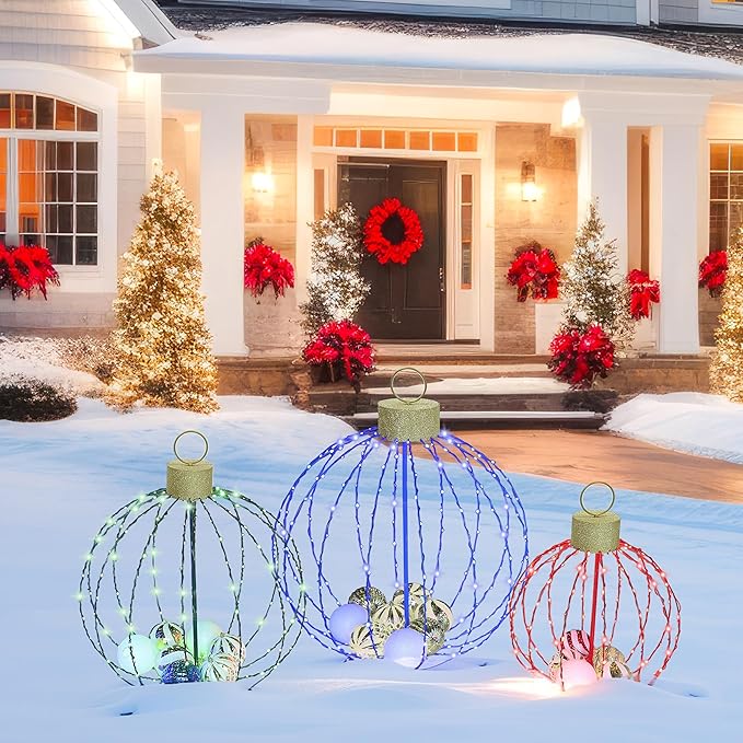Outdoor Christmas Decorations, Set of 3 Lighted Christmas Ball Ornaments with 570 LED Lights, 6 Ground Stakes, Included 20 Small Plastic Xmas Ball Ornaments for Holiday Decor Yard-Ruum Studio Home