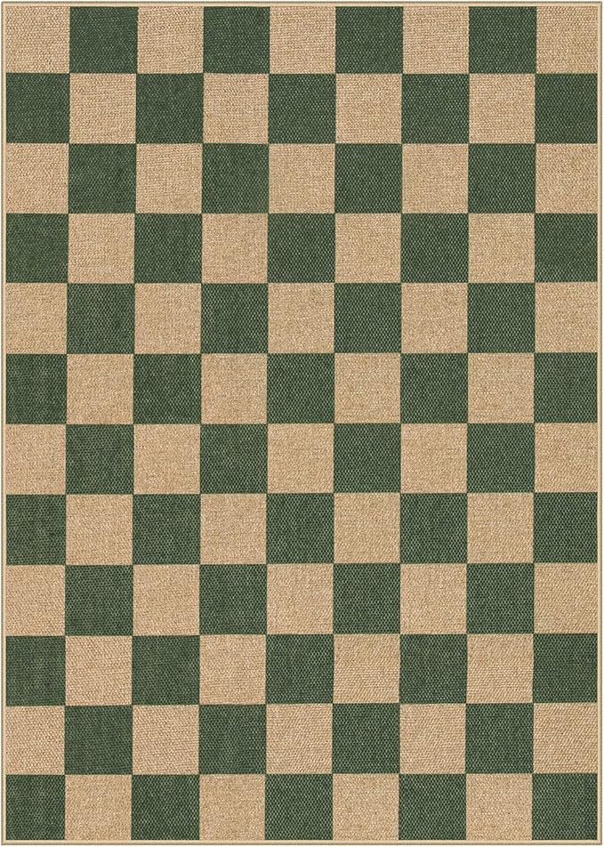 Lahome Checkered Easy Jute Dining Room Rug, 5x7 Indoor Outdoor Rugs for Patio Living Room, Neutral Checkerboard Non Slip Low Pile Green Carpet for Bedroom Office Backyard-Ruum Studio Home