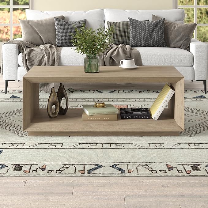 Henn&Hart 48" Rectangular Coffee Table with Open Storage Shelf for Living Room, Family Room, or Office, Antiqued Gray Oak-Ruum Studio Home