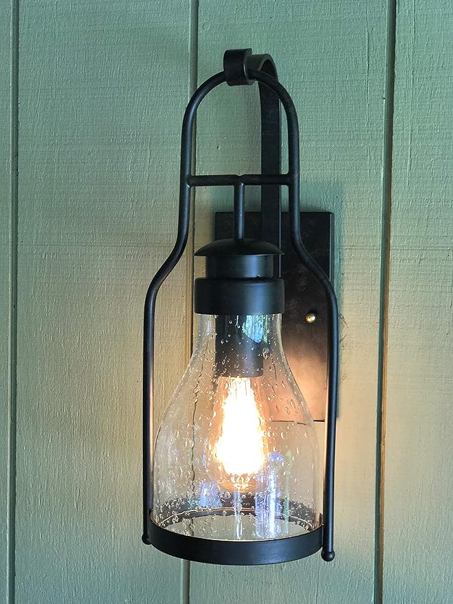 Muskoka Lifestyle Products Rustic Wall Light Lantern with Retro Industrial loft Lantern Look in Rubbed Bronze Powder Coat Finish with Wine Bottle Pioneer jug Glass-Ruum Studio Home