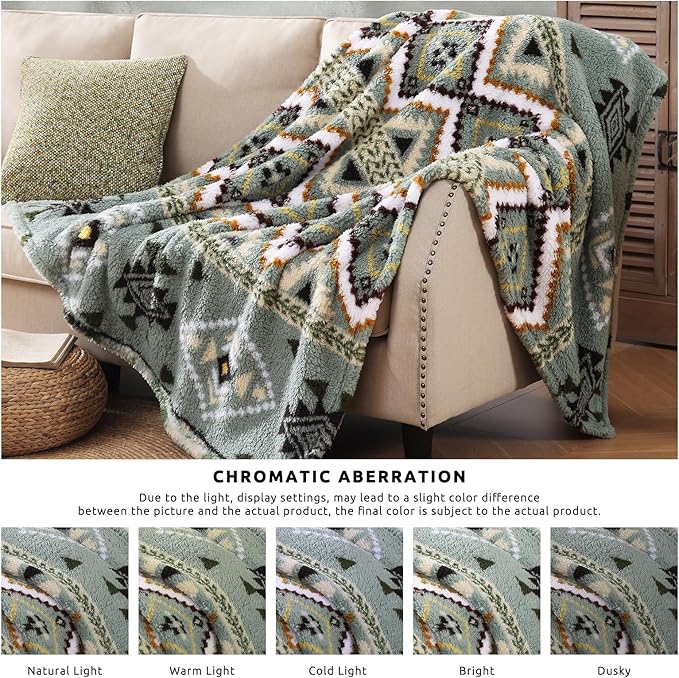 CASAAGUSTO Boho Sherpa Throw Blanket, Aztec Throw Blanket,Ultra Soft, Warm, Cozy, Plush, Thick Fleece Blanket for Couch, Bed, Sofa (Olive Green 50 * 60 Inch)-Ruum Studio Home