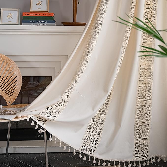 Sutuo Home Boho Curtain Crochet Lace Patchwork Semi-Blackout Bohemian Handmade Tassels, Rod Pocket Window Treatment Vintage Rustic Farmhouse Drapes for Living Bedroom, 1 Panel 59" W x 72" L, Beige-Ruum Studio Home