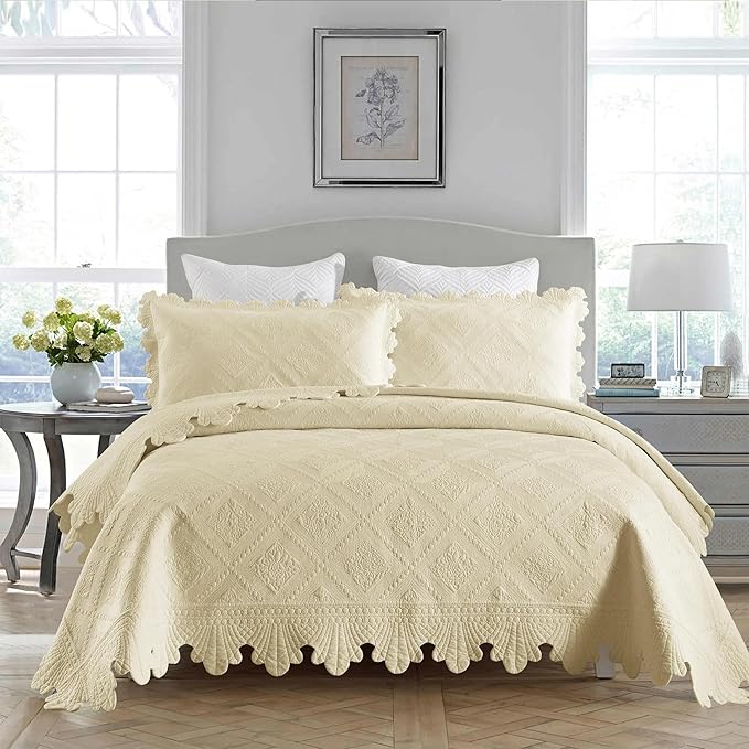 MarCielo 3-Piece 100% Cotton Oversized Bedspread Lightweight Quilt Coverlet Embroidery Farmhouse Bedding Set (Tk Beige Khaki, Oversized Queen (100"x106"))-Ruum Studio Home