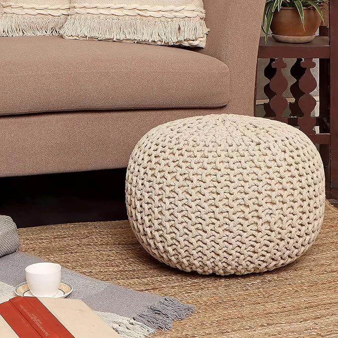 REDEARTH Round Pouf Ottoman - Cable Knitted Boho Poof - Home Décor Cord Pouffe Handmade Circular Footrest for Living Room - Bedroom - Kids Bedroom - 100% Cotton Pouf (19.5"x19.5"x14") - Natural-Ruum Studio Home