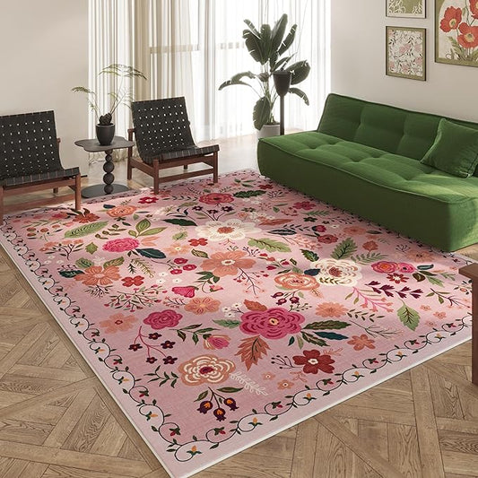 Area Rugs 8x10 Rug for Living Room Clearance Washable Boho Area Rug Non Slip Floral Vintage Low Pile Large Rug for Living Room, Bedroom, Farmhouse, Dining Room, Kids Playroom(Pink)-Ruum Studio Home