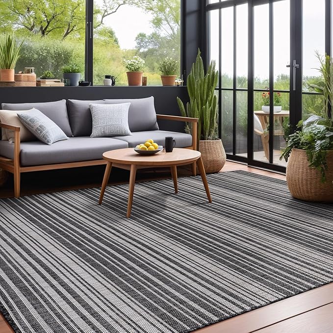 Stripe Outdoor Rug 9x12 Washable Outside Carpet for Indoor Patio Porch Waterproof Easy Cleaning Non Shedding Area Rugs Dark Gray 9 x 12-Ruum Studio Home