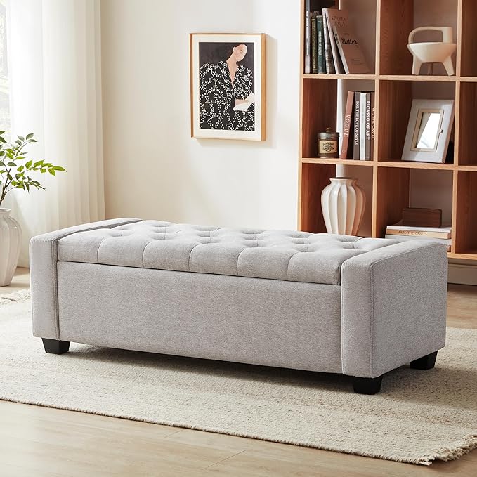 48" Ottoman with Storage, Storage Ottoman Bench with Safety Hinge, Upholstered Entryway Bench with Seating for Bedroom, Living Room, Holds up to 330 lb(Light Gray)-Ruum Studio Home