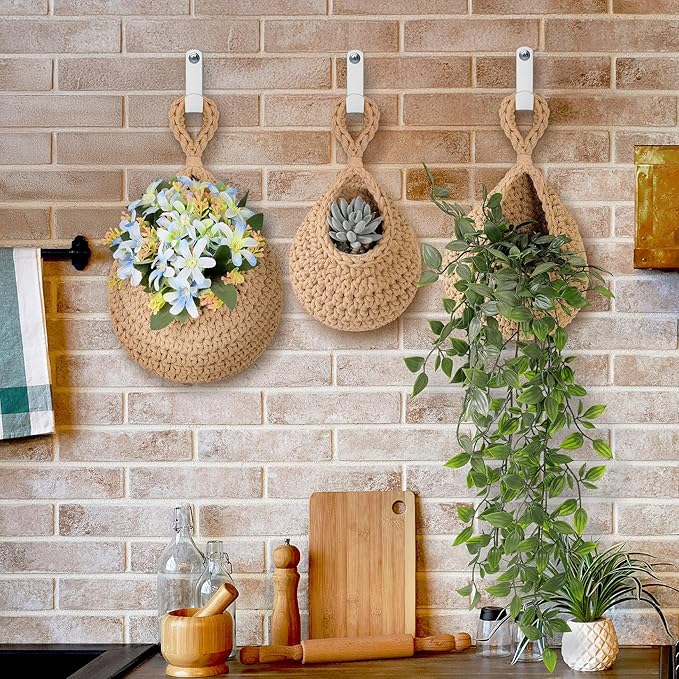 AARAINBOW Boho Wall Hanging Baskets for Kitchen Storage, Fruit Woven Wall Basket 9 Pcs, Hanging Vegetable and Onion Storage with 24 Hooks （Brown）-Ruum Studio Home