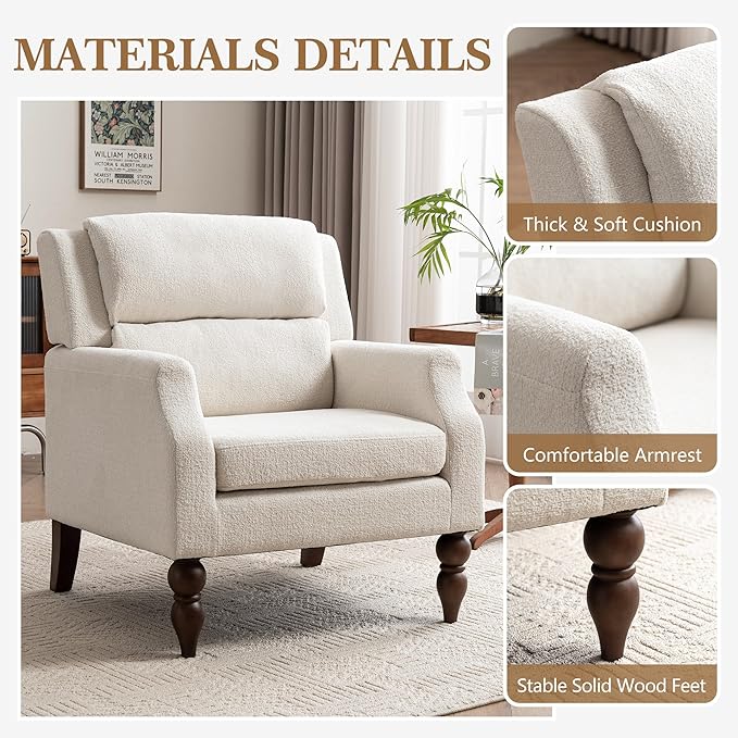 Kidol & Shellder White Oversized Accent Chair for Living Room Set of 2 Modern Reading Chair with Back Wide Upholstered Comfy Single Sofa Chair for Bedroom Lounge Side Corner Fabric Armchair-Ruum Studio Home