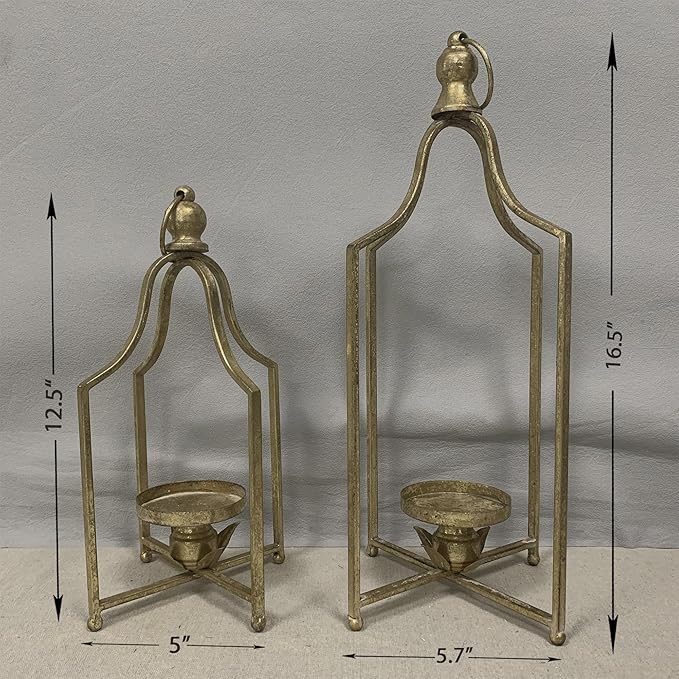 Large Tall Shabby Chic Lanterns Decorative Indoor Outdoor, Outside Gifts Front Porch Patio Vintage Metal Candle Holders, Fireplace Table Floor Farmhouse Rustic Decor Set of 2 (Antique Gold)-Ruum Studio Home