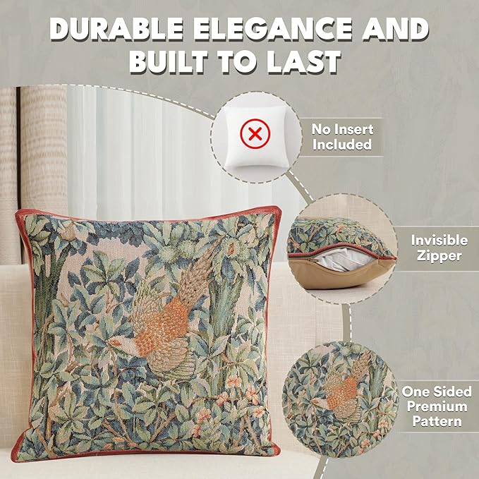 Charlotte Home Furnishings Decorative Tapestry Pillow Cover 14x14 in, Green Pheasant Couch Throw Pillow Cover, French Country Square Cushion Cases for Bed Room Home Decor, Soft Cotton Jacquard Woven-Ruum Studio Home