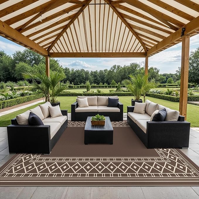 GENIMO Outdoor Rug Waterproof for Patio, 10'x14' Foldable Reversible Plastic Straw Carpet for Travel Trailers, Outside Area Mat for Rv, Deck, Picnic, Porch, Camper, Balcony, Beach, Coffee & Beige-Ruum Studio Home