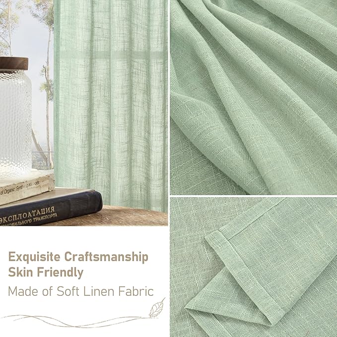 LAMIT Semi Sheer Linen Curtains 45 Inches Long, Light Filtering Panels Bronze Grommet Neutral Drapes for Kitchen/Window/Bedroom, Fresh Green, 2 Panels, 52 x 45 Inch-Ruum Studio Home