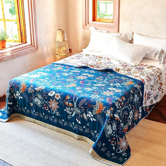 Boho Throw Blanket, 100% Organic Cotton Breathable Ultra Soft Bed Quilt Throw - All Season Floral Bird Butterfly Farmhouse Decor Blanket for Sofa Couch Chair and Gift. 60" x 80"-Ruum Studio Home