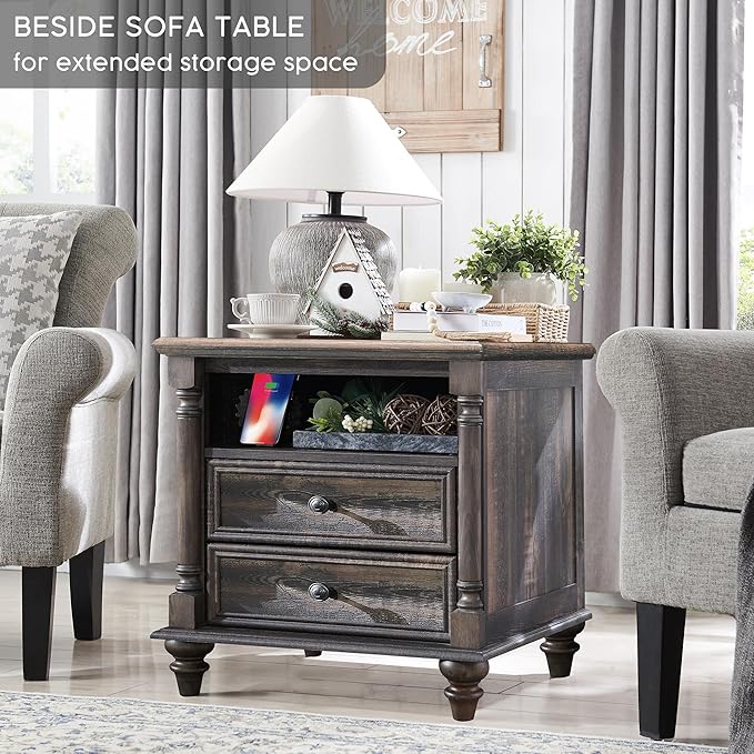T4TREAM 24'' Farmhouse End Table w/4 Solid Wood Feet, Large 2 Drawers Wide Sofa Side Table with Charging Station, Tall Rustic Wood Square Nightstand for Living Room, Bedroom, Office, Dark Rustic Oak-Ruum Studio Home