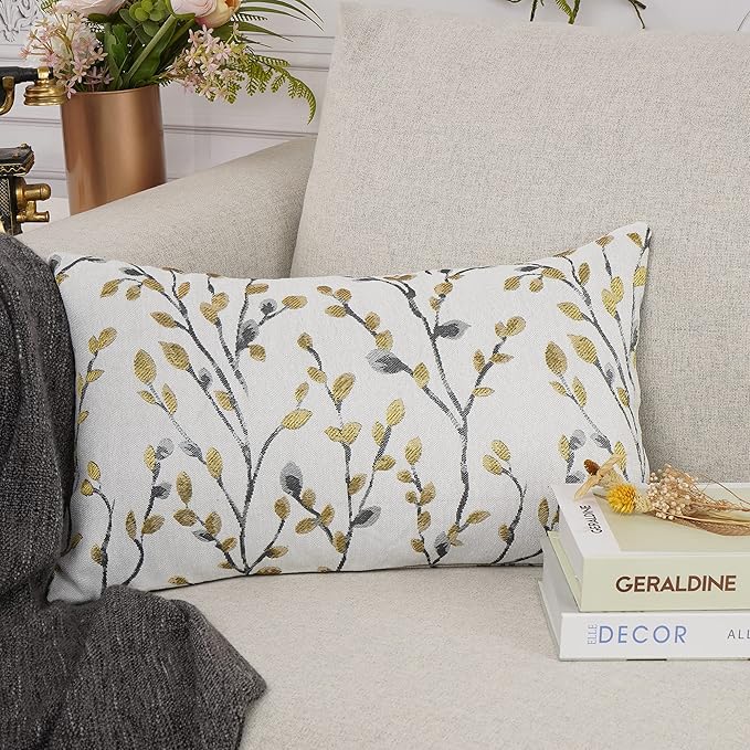 YOUR SMILE Classical Embroidery Jacquard Yellow/Gold Square Decorative Throw Pillow Case Cushion Cover,12x20 inch-Ruum Studio Home