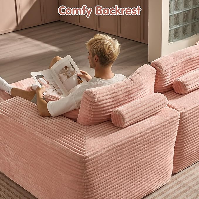 ovios 104" Cloud Sectional Couch with L-Shape Chaise,Modern Modular Sofa with Deep Seat, Upholstered Couches for Living Room Bedroom,No Assembly Required, Pink (Plush Corduroy Fabric)-Ruum Studio Home
