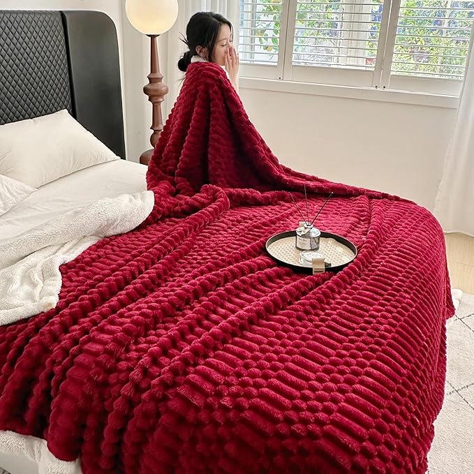UKELER Sherpa Bed Blanket 80 × 90 inch, Ultra Soft Queen Size Throw Blanket for All Season, 470 GSM Cozy Plush Striped Fleece Blankets for Bedroom Living Room Dorm Hostel Sofa Camping, Red-Ruum Studio Home