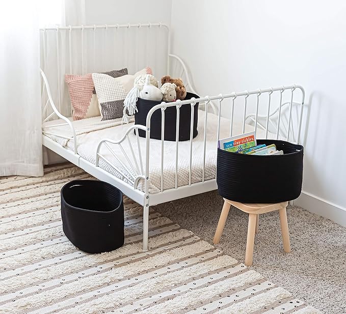OrganiHaus Set of 3 Woven Storage Baskets for Organizing, Cotton Rope Organizer Bins for Shelves, Closet & Nursery, Dog Toy Basket, Decorative Bins for Toys, Towels & Books - 15x10x9, Black-Ruum Studio Home