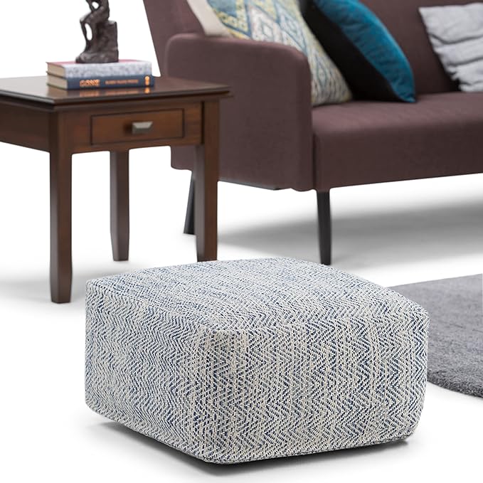 SIMPLIHOME Nate 20-inch Wide Square Pouf in Patterned Denim Mélange, Handwoven Boho-Style Cotton Ottoman, Footrest, or Extra Seating for Living Room, Assembled-Ruum Studio Home