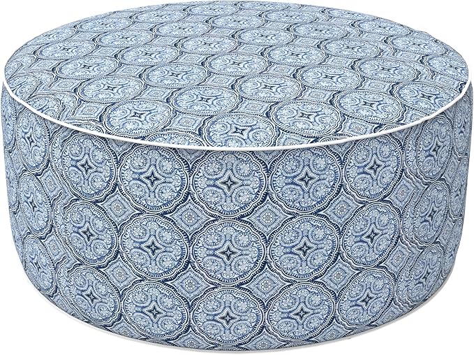 LVTXIII Outdoor Inflatable Ottoman, Fade-Resistant Round Footrest Stool D31”x H14”, Portable Patio Pouf for Garden Camping or Home Use, Medallion Blue-Ruum Studio Home