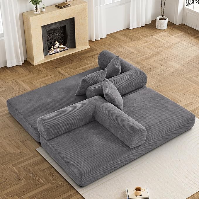 Convertible Sleeper Sofa Bed with Pillow, 4-in-1 Corduroy Folding Mattress Couch with Fixed-Shape Frame, Futon Fold Out Floor Sofa Cama Lounge Couch for Living Room Bedroom Studio, Grey-Ruum Studio Home