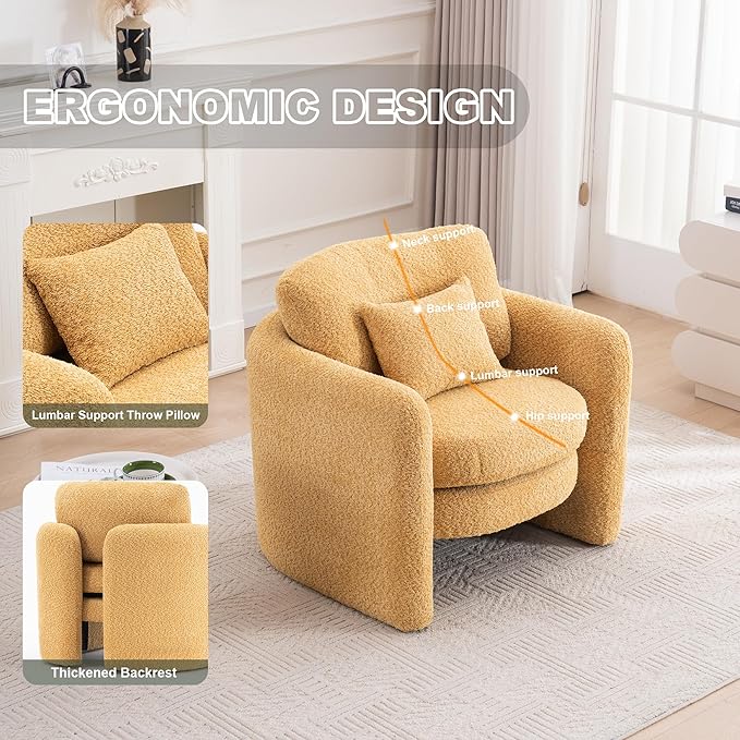 Chenille Accent Armchair Oversize Upholstered Barrel Comfy Modern Round Lounge Sofa Chair with Pillow Cozy Reading Chairs for Apartment,Office,Living Room,Dining,Makeup,Club,Yellow-Ruum Studio Home