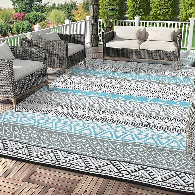 GAOMON Outdoor Rug 9'x12' Waterproof Rug for Patio Decor, Foldable Reversible Plastic Straw Area Rugs Mat for Camper, Outside Carpet for Deck, Porch, Picnic, Beach, Blue/Grey(Bohemia)-Ruum Studio Home