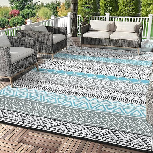 GAOMON Outdoor Rug Waterproof 8'x10', Reversible Outdoor Plastic Straw Rug, Boho Patio Rug, Indoor Outdoor Carpet, RV Mat Outside for Patio, Camp, Picnic, Balcony, Deck, Blue/Grey(Bohemia)-Ruum Studio Home