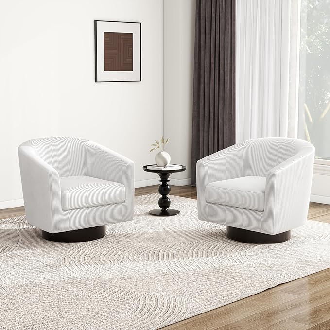 Swivel Barrel Accent Chair, Modern Round Corduroy Fabric Arm Chair for Living Room, Bedroom, Comfy Club Reading Chairs for Adults (Corduroy Beige, Set of 1)-Ruum Studio Home
