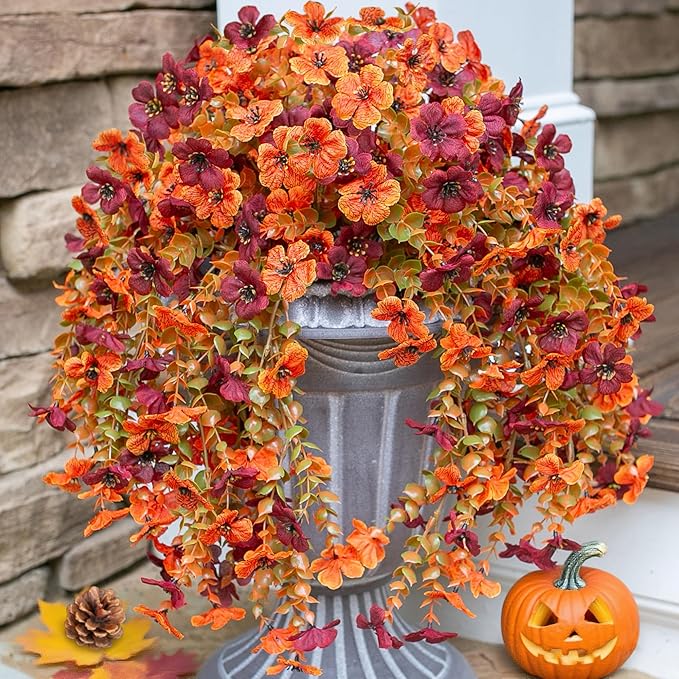 INSPRING Fake Autumn Flowers for Outdoors, 2Pcs Artificial Fall Light Orange & Brown Daisy Outside Decor, Fake Hanging Decoration, Realistic Plants, Silk Flower for Porch Patio Balcony Planter-Ruum Studio Home