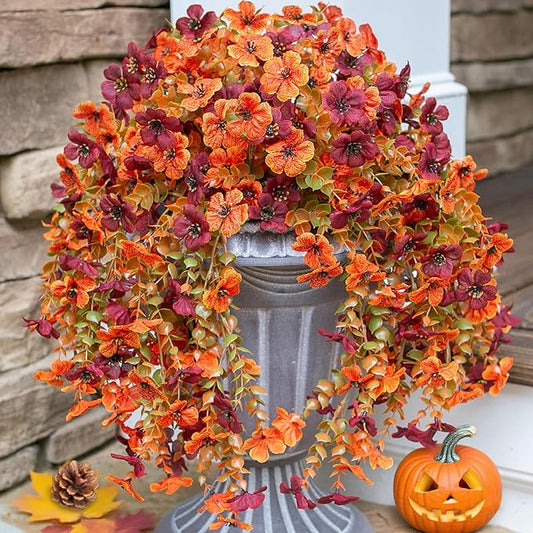 INSPRING Fake Autumn Flowers for Outdoors, 2Pcs Artificial Fall Light Orange & Brown Daisy Outside Decor, Fake Hanging Decoration, Realistic Plants, Silk Flower for Porch Patio Balcony Planter-Ruum Studio Home