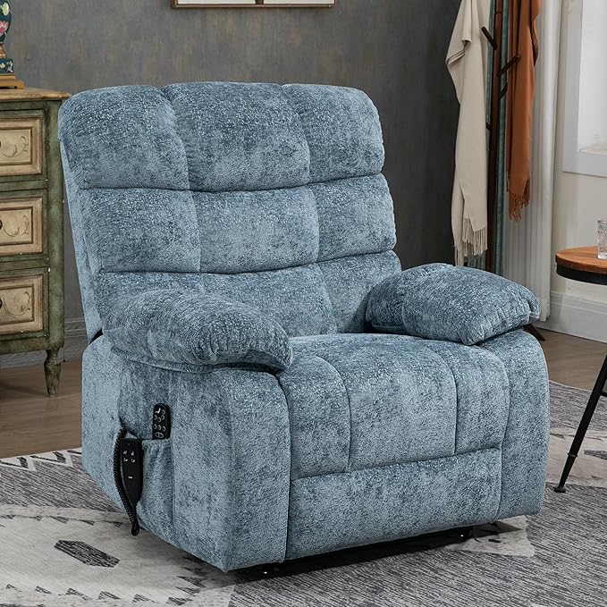 Lay Flat Recliner with Vibration Massage and Lumbar Heating, 26'' Wide Chair with Infinite Position and 2 Remote Controls, Soft Chenille Lift for Living Room, Grayish Blue-Ruum Studio Home