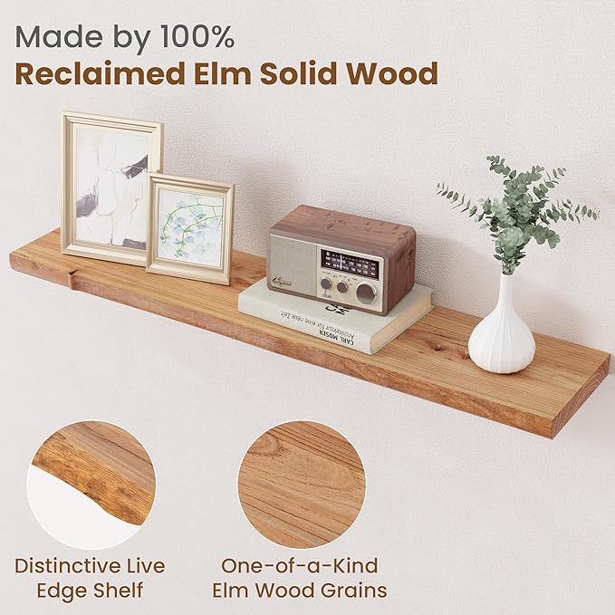Floating Shelves for Wall Decor, Rustic Solid Elm Wood Live Edge Floating Shelves Wall Mounted, Wall Shelves with Invisible Bracket for Living Room Bathroom Bedroom Kitchen, 36 Inch Set of 2, Natural-Ruum Studio Home