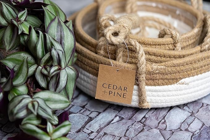 CEDAR+PINE 3-Tier Lined Hanging Fruit Basket Natural Woven Cotton with Strong Jute Rope Hanger in Gift Box Modern Hanging Basket for Kitchen-Ruum Studio Home