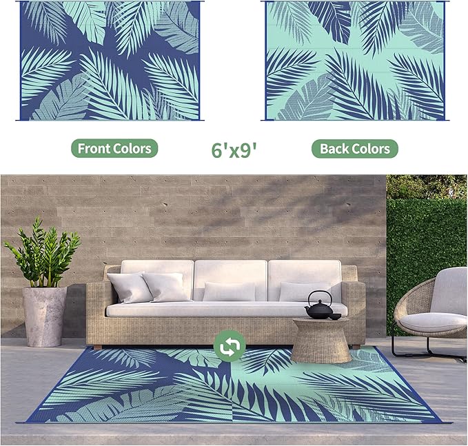 GENIMO Outdoor Rug 6' x 9' Waterproof for Patios Clearance, Reversible Outdoor Plastic Straw Camping Rug Carpet, Large Area Rugs Mats for RV, Camper, Deck, Balcony, Porch, Beach, Royal Blue&Blue Green-Ruum Studio Home