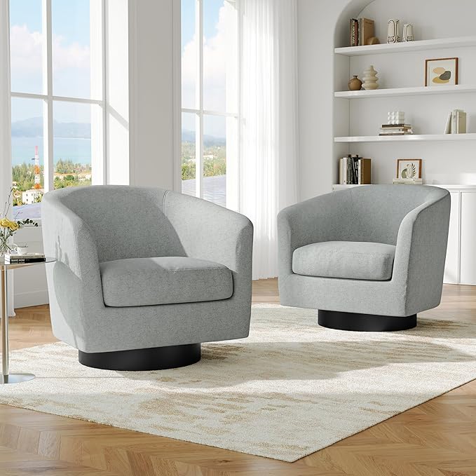 Swivel Barrel Accent Chair, Modern Round Chenille Fabric Arm Chair for Living Room, Bedroom, Comfy Club Reading Chairs for Adults（Chenille Fabric, Light Grey, Set of 1-Ruum Studio Home