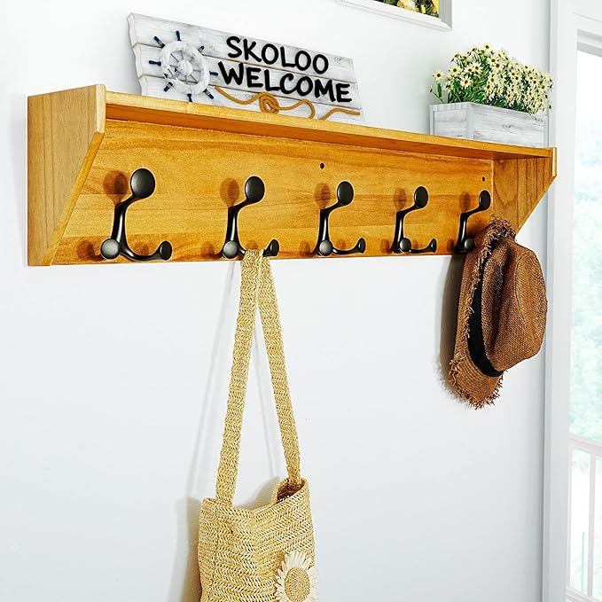 SKOLOO Wall Shelf with Hooks, 35-Inch Brown Coat Rack Wall Mount with Shelf Organizer - Lightweight & Sturdy, 5 Tri Hooks - Perfect for Entryway, Hallway, Living Room, Bedroom, Mudroom-Ruum Studio Home