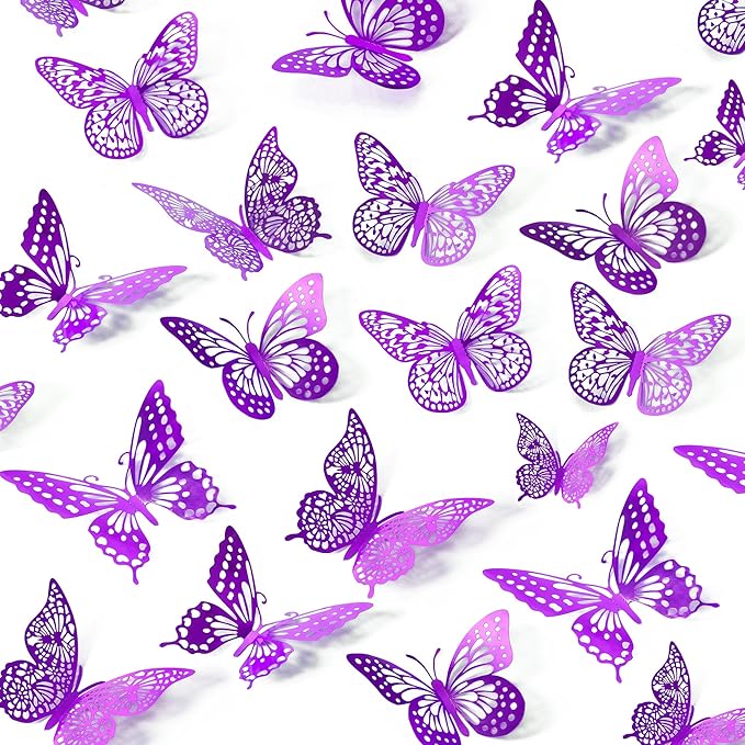SAOROPEB 3D Butterfly Wall Decor - 48 Pcs, 4 Styles, 3 Sizes - Purple Butterfly Decorations for Birthday Parties, Removable Stickers-Ruum Studio Home