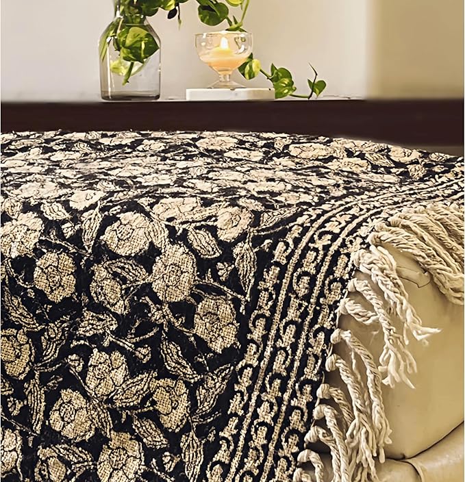 Handmade Cotton Throw Blanket, Floral Block Print, Black and Beige Wrap, 47x71 inches Decorative Woven Throw with Tassels-Ruum Studio Home