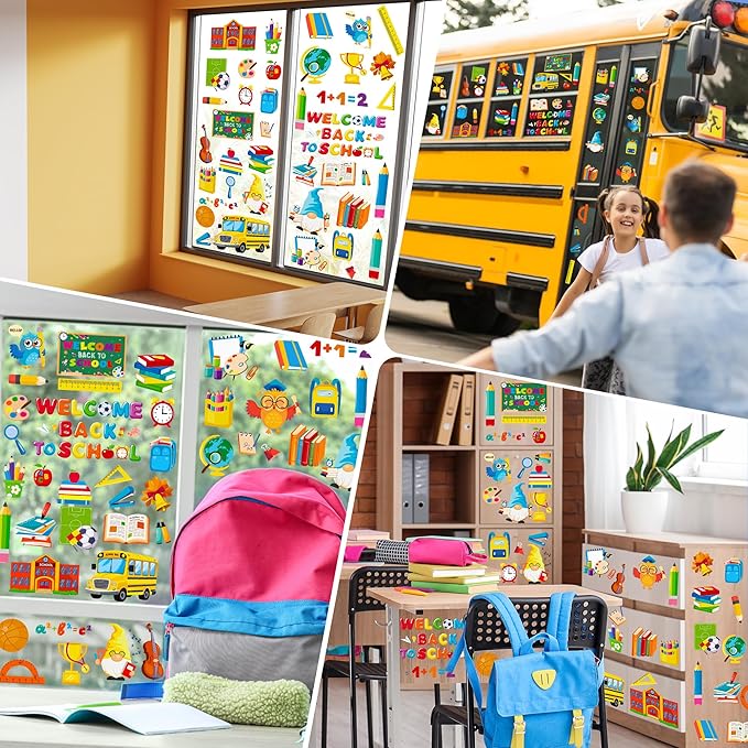 9 Sheets Back to School Window Clings, Double-Sided Window Clings for Classroom, Bus Apple Pencil First Day of School Book Window Stickers for First Day of School Decorations Supplies Decor-Ruum Studio Home