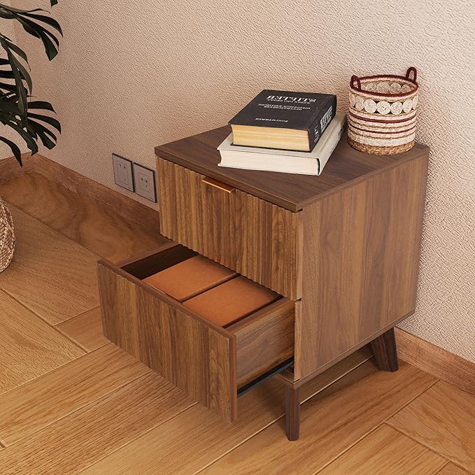 Fluted Nightstand, Mid Century Modern 2 Drawer Bedside Table for Bedroom, Small Dresser Night Stand Side End Table with Wood Fluted Drawer Storage for Bedroom Closet(Walnut)-Ruum Studio Home
