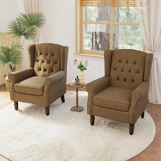 Lumibee High Back Accent Chair Set of 2,Upholstered Wingback Armchair with Solid Wood Legs for Small Spaces,Comfy Single Sofa Chair for Living Room,Bedroom,Office-Brown-Ruum Studio Home