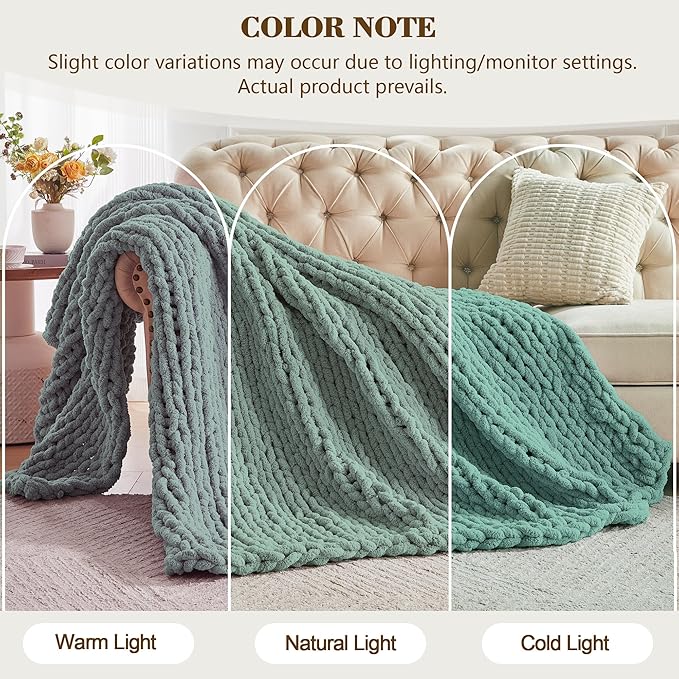 Carriediosa Chunky Knit Throw Blanket 60" X 80" Twin, 100% Hand Made Large Chenille Loop Yarn Soft Fluffy Throws for Couch Sofa Bed, Big Crochet Cozy Heavy Thick Cable Woven Blankets, Sage Green-Ruum Studio Home
