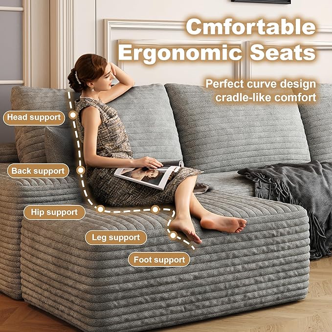 108" Sectional Couches for Living Room Modern Modular Sofa with L-Shape Couchs Upholstered Boneless Couch Deep Seat Sectional Couch with Chaise (Grey, Right Facing Chaise+2Seaters+1Ottoman)-Ruum Studio Home