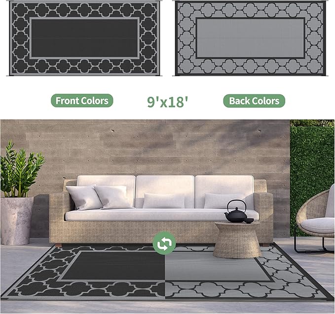 GENIMO 9' x 18' Outdoor Rug Waterproof for Patio, Foldable Reversible Plastic Straw Area Rugs Mat for Rv Decor, Outside Carpet for Camper, Deck, Picnic, Beach, Balcony, Porch, Black & Grey-Ruum Studio Home